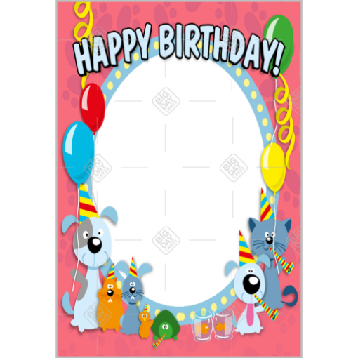 Happy Birthday animals pink frame - portrait
